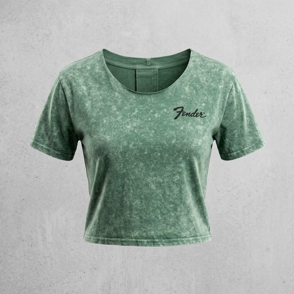 Fender Guitars Womens Green Mineral Wash Cut Collar Cropped Graphic T-Shirt XL